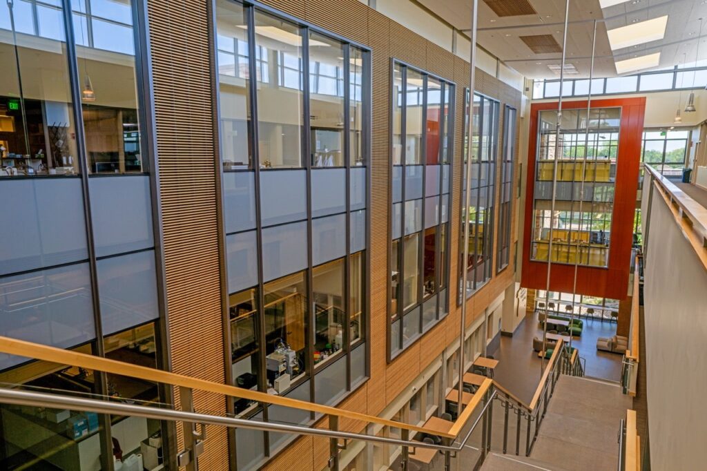 image of the interior of a building taken from the top of the stairs